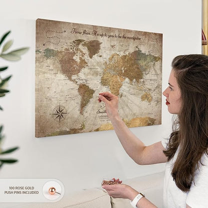 ElephantStock - Personalized Be The Navigator I Push Pin World Map Wall Art - Horizontal Canvas Wall Art - Living Room Wall Decor - Digital Art Map Canvas Art - Brown And Beige Decor - 30" x 20"