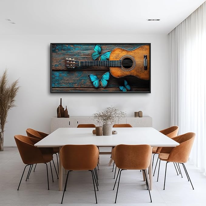 Olivine Music Wall Art, Guitar Pictures Wall Decor, Butterfly Painting, Vintage Musical Instruments Canvas Prints, Framed Artwork for Bathroom Bedroom Living Room Office Home Decoration 60"x30"