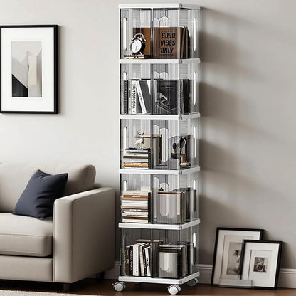 Rotating Bookshelf Tower, 360-Degree rotating bookshelves, Small Space Spinning Bookshelf with Wheels, Revolving Bookcase Suitable for Bedrooms, Living Rooms, Studies and Offices (Grey,5Tier)