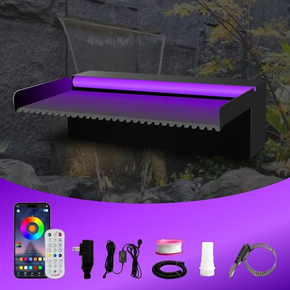 Pool Waterfall Spillway Stainless Steel Pond Fountain, APP Control Colorful LED Lighted Outdoor Black Fountains, Water Flow Spillways Kit for Koi Pond, Swimming Pool, Garden-11.8"x7.8"x3.9"