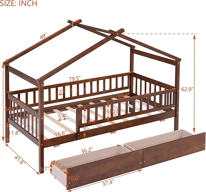 Twin House Bed with 2 Storage Drawers, Kids Twin Bed Frame with Rails and Roof, Tent Bed, Wooden Twin Daybed, Twin Montessori Bed for Kids Teens Girls & Boys, No Box Spring Needed (Walnut)