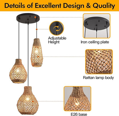 Rattan Pendant Light,3-Lights Hand Woven Chandelier,Boho Ceiling Hanging Light for Kitchen Island Dining Room, Bedroom Restaurant.