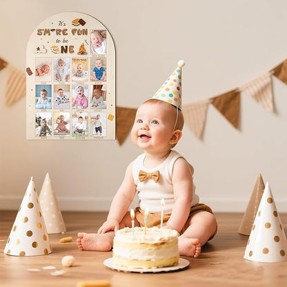 R HORSE My First Year Photo Display Wood Board - 3D S'mores Baby's First Year Picture Frame, 12 Months Camping Campfire Milestone Board Baby Keepsake Gift 1st Birthday Nursery Decor for Boy Girl