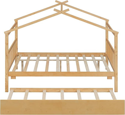 Harper & Bright Designs Full House Bed for Kids, Wood Montessori Beds with Trundle, Full Platform Bed Frame with Roof, Playhouse Bed for Kids,Teens, Bedroom, Natural