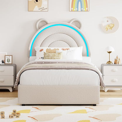 Garvee Twin Size Bed Frame with 2 Storage Drawers & LED Lights, Velvet Upholstered Platform Bed with Rainbow Headboard for Kids/Boys, Solid Wood Slats Support, No Box Spring Needed, Grey