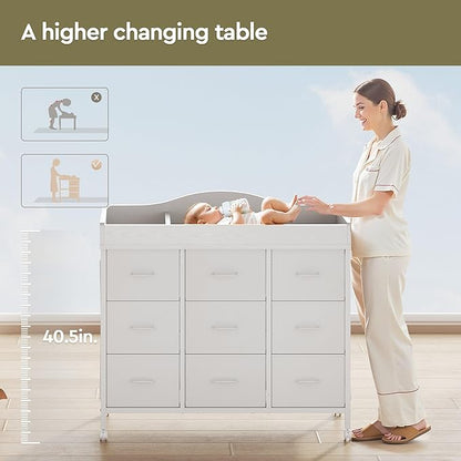 Baby Changing Table with 9 Fabric Drawers, Waterproof Diaper Changing Station & Pad, Mobile Nursery Diaper Changing Table, Baby Furniture, Bedroom, White