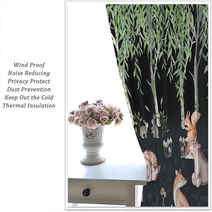 Forest Animal Curtains, Watercolor Cartoon Woodland Plants Animals Bears Moose Mushrooms Printed Curtains for Kids Boys and Girls Bedroom Window Drapes 42x54 Inch