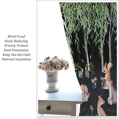 Forest Animal Curtains, Watercolor Cartoon Woodland Plants Animals Bears Moose Mushrooms Printed Curtains for Kids Boys and Girls Bedroom Window Drapes 42x54 Inch