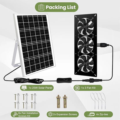 Solar Powered 3 Fan Kit, 25W High Velocity Waterproofed Solar Exhaust Fans for Outdoor Greenhouse Chicken Coop Shed Pet House
