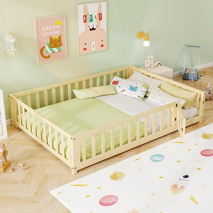 KOMFOTT Full Size Wood Floor Bed with Door & Fence, Montessori Bed Frame with Full Length Safety Guardrails, Slats Support, Door & Latch, Wooden Montessori Floor Bed, No Box Spring Needed
