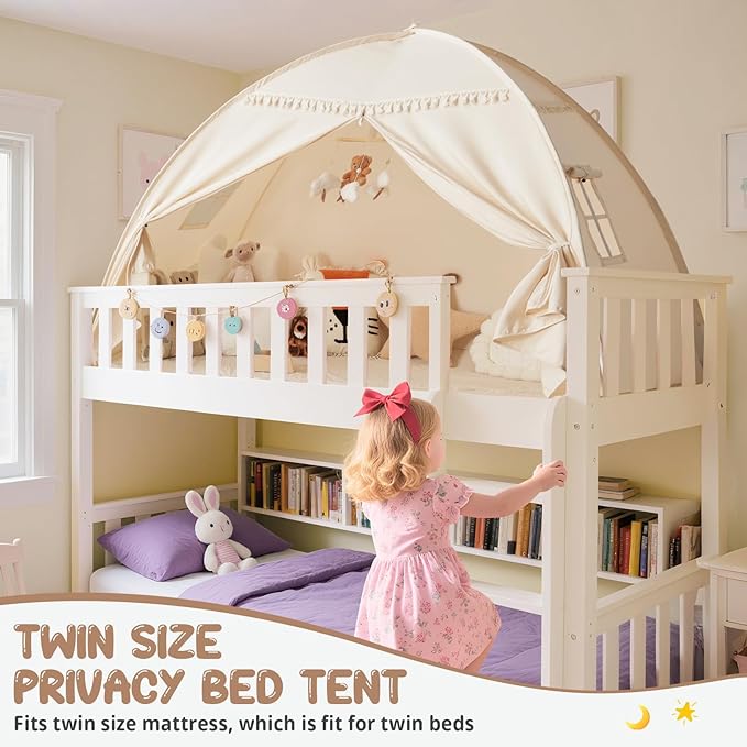 Full Size Bed Tent Canopy: Lights & Flags Indoor Floor Bed Kids Tent Playhouse - Portable & Foldable Twin Bunk Bed Curtains - Large Size Girls & Boys House Bedroom Privacy Space Sleeping Tents Gifts