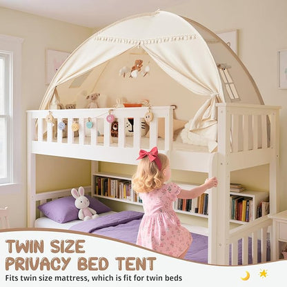 Full Size Bed Tent Canopy: Lights & Flags Indoor Floor Bed Kids Tent Playhouse - Portable & Foldable Twin Bunk Bed Curtains - Large Size Girls & Boys House Bedroom Privacy Space Sleeping Tents Gifts