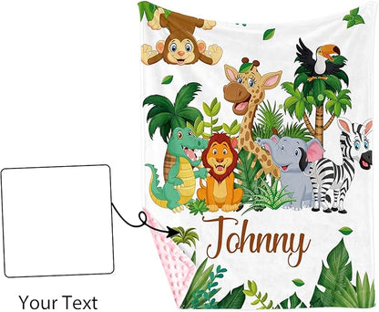 Custom Name Baby Swaddle Blanket – Cozy Flannel with Double-Layer Dotted Backing – Lion and Jungle Theme for Infants and Toddlers