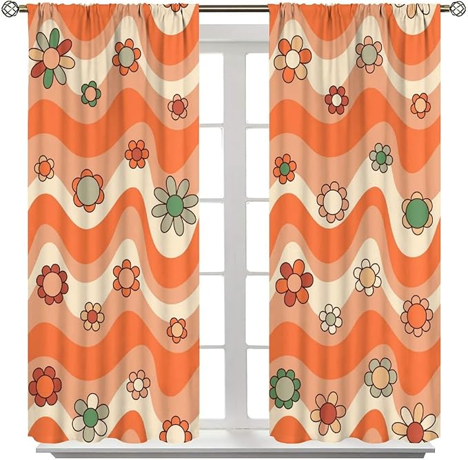 70s Boho Retro Curtains for Bedroom,Groovy Vintage Floral Rainbow Window Treatments Drapes for Kids Girls Window 84"" W X 84"" L, Style-6
