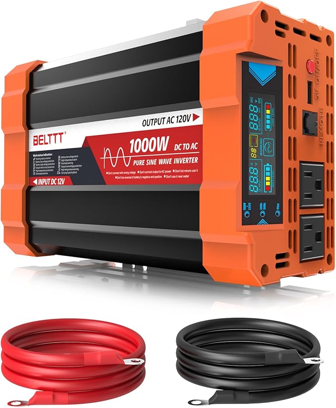 BELTTT 1000Watt Pure Sine Wave Inverter 12V DC to 120V AC for RV, Truck, Off-Grid Solar Car Power Inverter 12V to 110V Converter with Dual AC Socket and 5V 2.1A USB, Intelligent LCD, 2000W Peak