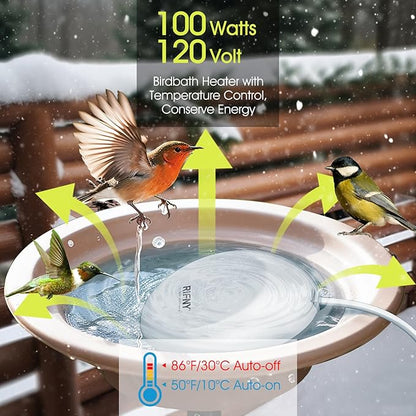 100W Bird Bath Heater for Outdoors in Winter, RIFNY Birdbath Deicer Water Heater Submersible for Bird Chicken Drinking with Thermostatically Control and Auto Shut-Off, Full-Covered Aluminum, 10FT Cord