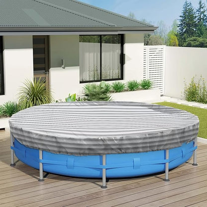 ECOOPTS 14 ft Round Pool Cover for Above Ground Pools, Swimming Pool Cover Protector Winter Safety Cover (Gray White Stripes)