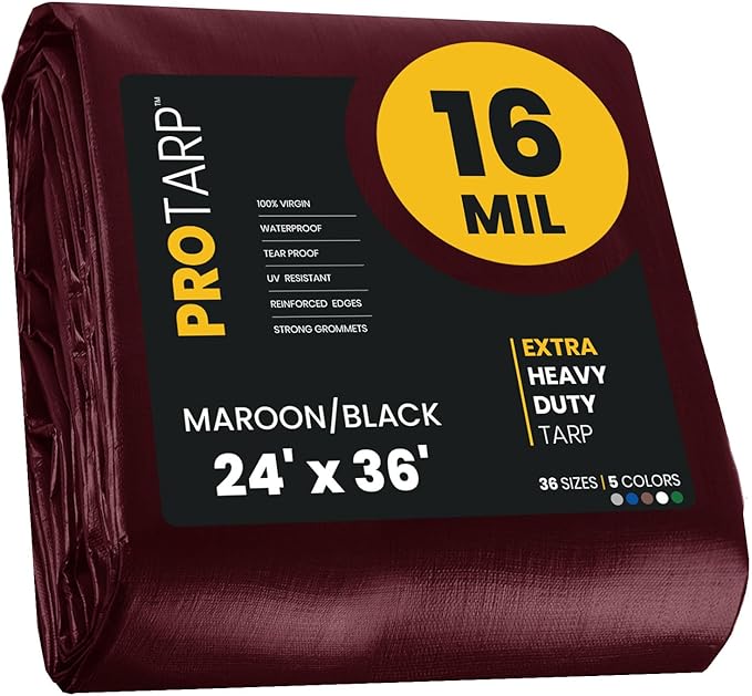 PROTARP Extra Heavy Duty 16 Mil Tarp Cover, Waterproof, UV Resistant, Rip and Tear Proof, Poly Tarpaulin with Reinforced Edges for Roof, Camping, Patio, Pool, Boat. (Maroon/Black 24′ X 36′)