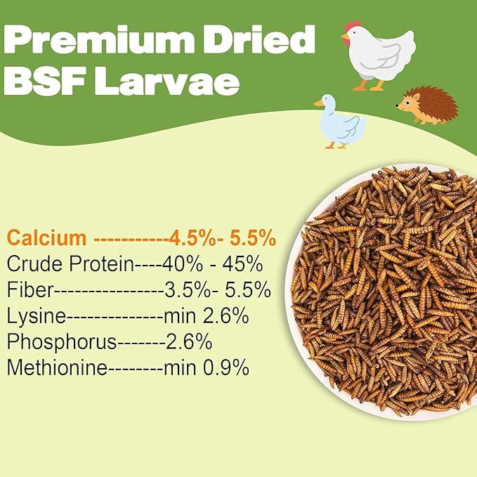 5LB Dried Black Soldier Fly Larvae, 86X Calcium Than Dried Mealworms, High Protein Non-GMO Organic Chicken Feed Reptile & Amphibian Food