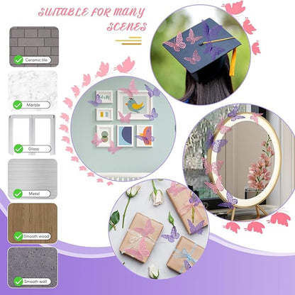 3D Butterfly Wall Decor 3 Sizes 4 Styles Butterfly Party Decorations Cake Decorations Removable Stickers Wall Decor Room Mural Metallic Kids (Purple+Pink, 48Pcs)