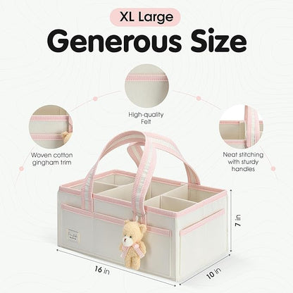 PeraBella XL Diaper Caddy Organizer With Handle, Baby Shower Gifts Basket Bag, Registry Search Must Haves Items, Newborn Girl Boy Nursery Storage Organizer, Baby Bag Essentials, Car Diaper Caddy Cart