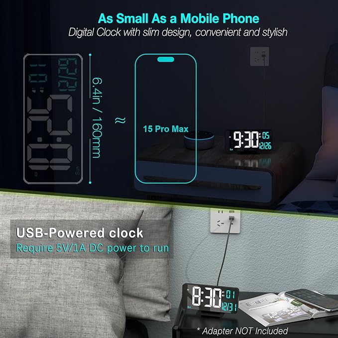 KOSUMOSU Digital Alarm Clock 6.7in Black Clock