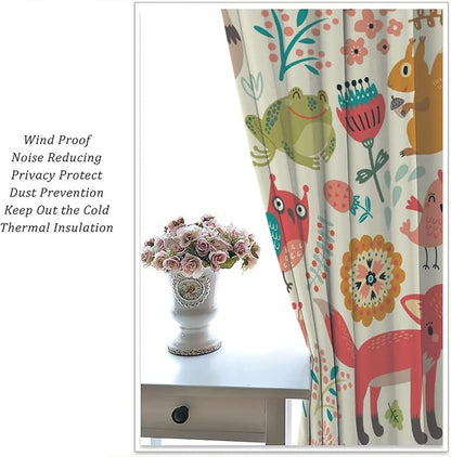 Kids Baby Woodland Blackout Curtains,Forest Animals Plants Cartoon Funny Colorful Deer Fox Owl Pattern Thermal Insulation Window Drapes for Boys Girls Children's Bedroom 63x72in