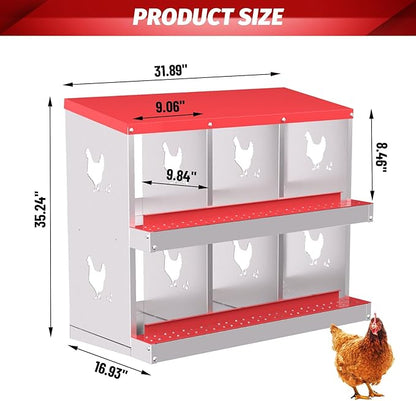 Chicken Nesting Boxes, 6-Compartment Metal Egg Laying Box with Swing Perch and Secure Lid – Versatile Wall Mount or Free Standing Suitable for Various Chicken Breeds -red