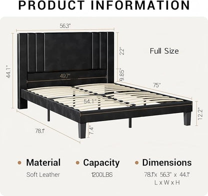 Tyndall Full Size Bed Frame, Faux Leather Upholstered Platform with Headboard, Black