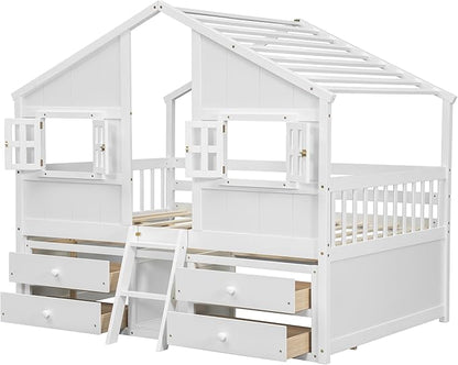 Harper & Bright Designs Full Size House Loft Bed with 4 Storage Drawers, Low House Montessori Bed with Roof and Windows, Safety Guardrails for Kids, Girls, Boys, White