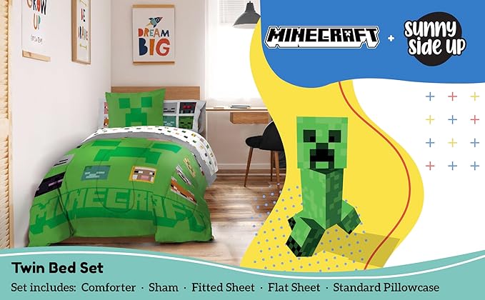 Sunny Side Up Minecraft Twin Comforter Set - 5 Piece Kids Bedding Includes Comforter, Sheets & Pillow Cover - Super Soft Gamer Microfiber Bed Set