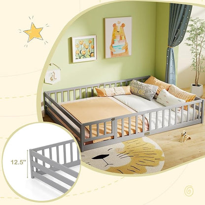 KOMFOTT Queen Size Wood Floor Bed with Door & Fence, Montessori Bed Frame with Full Length Safety Guardrails, Door & Latch, Wooden Montessori Floor Bed for Kids, Girls, Boys (Queen,Grey)