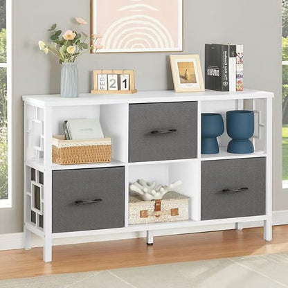 HOMISSUE 6 Cube Storage Organizer Shelf, Rustic Short Bookshelf with 3 Storage Bins, Industrial Horizontal Bookshelf with Metal Frame, Low and Wide Cube Bookcase for Living Room and Office, White