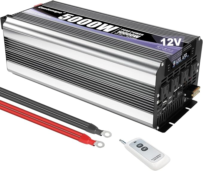 5000W Power Inverter 12V to 110V/120V DC to AC with LCD Display, Remote Controller and 4 x AC Outlets Car Adapter for Car Truck Boat RV Off Grid Solar System