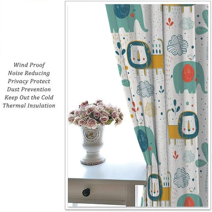 Cute Lions Blackout Curtains for Kids Bedroom,Cartoon Tropical Plants Birds Elephants Print Pattern Window Drapes,Funny Animal Thermal Insulation Curtain for Nursery Baby Room 42x45 Inch