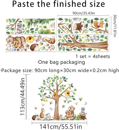 Large Woodland Animals Tree Wall Decal Set, Forest Tree with Bear Fox Bee Wall Stickers for Nursery Kids Bedroom Wall Decor, 55.51x44.49 inches