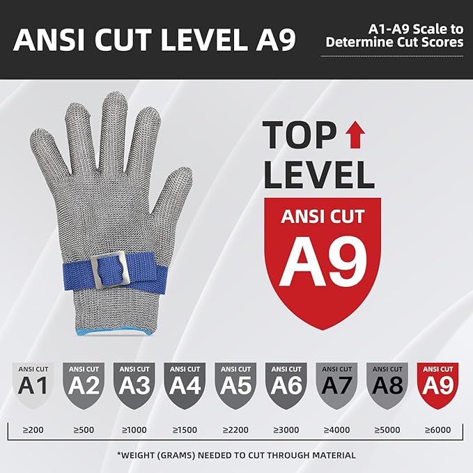ANSI A9 Cut Resistant Glove,Stainless Steel Mesh Metal Glove,Food Grade for Kitchen Cooking, Butcher Meat Cutting, Oyster Shucking, Mandoline, Fishing,L,2 pcs