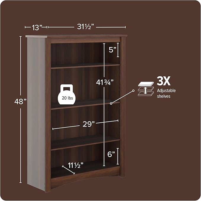Prepac Sonoma 4-Tier Bookcase 48"H with 3 Adjustable Shelves, Espresso Storage Cabinet, Modern Display Cabinet, Bookshelf with Storage Shelves for Home Office, Living Room, Bedroom Organizer