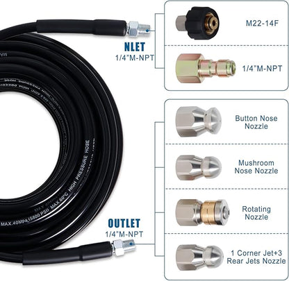 200FT Sewer Jetter Kit for Pressure Washer, 5800PSI Drain Cleaner Hose 1/4 Inch NPT Corner with 4 Sewer Jetting Nozzles，Waterproof Tape，Pearl Corsage Pin，Handle Strap & 2 Spanners (Black)