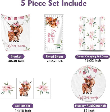 Personalized Nursery Crib Bedding Set: Custom Name Pink Flower 5 Piece Baby Crib Sets with Highland Cow Pattern - Toddler Double Layer Blanket Set, Comfortable Crib Bed Sheets for Baby Grils