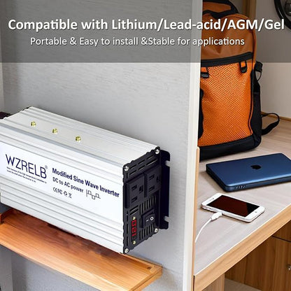WZRELB 800W Power Inverter 12V DC to 110V 120V AC,1600W Peak Modified Sine Wave Car Inverter with LED Display,Dual AC Outlets,Soft Starter,Off-Grid Power Converter with High Efficiency up to 90%