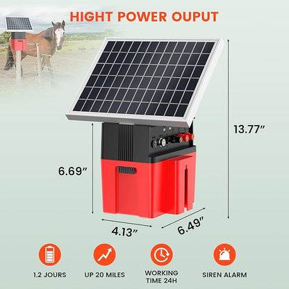 Solar-Powered Electric Fence Charger with Alarm,1.2 Joule Output, Up to 20 Miles Coverage,12000mAh Battery &10W Solar Panel Energizer for Livestock & Predator Deterrence