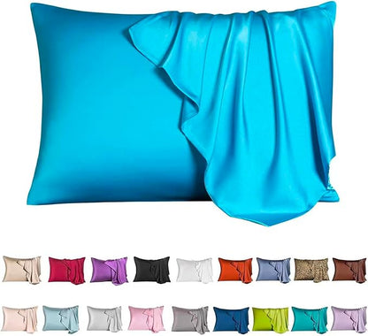 Mulberry Silk Pillowcase for Hair and Skin,Standard Size Cooling Silk Pillow Case with Hidden Zipper,Allergen Proof Dual Sides Soft Breathable Smooth Silk Pillow Cover for Women(Standard,Ice+ Blue)