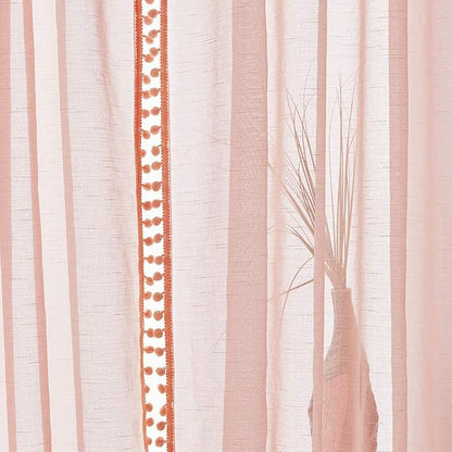 Treatmentex Pompom Sheer Curtains Blush Pink Window Draperies for Bedroom Rod Pocket Curtain Panels for Canopy Nursery Room 52" w x 2pc
