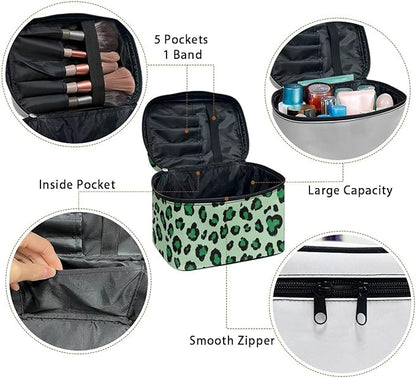 Travel Makeup Bags for Women Portable Tote Cosmetic Case with Carry Handle Toiletry Accessories Storage Organizer Bags, Leopard Green