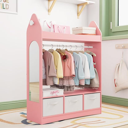 Kids Dress Up Storage Rack Mirror Wood Child Wardrobe 2 Hooks 2 Fabric Bins Toddler Closet Girls Boys Open Hanging Armoire Storage Shelf Coat Costume Hat Shoe (Pink/Rocket/Three Drawers)