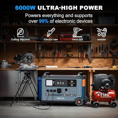 OSCAL PowerMax 6000 Solar Generator with 2x500W Solar Panel, 120V/240V Split Phase Voltage 6000W AC Outlets (7200W Peak), 2200W AC Charging/2400W PV Charging for Home, Emergency, Bank Battery Backup