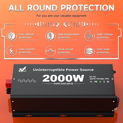 2000 Watt Sump Pump Battery Backup System, Pure Sine Wave Output, Professional Backup System in The Event of a Power Outage, Remote Controller with LCD Screen, Automatic Grid and Battery Switchover