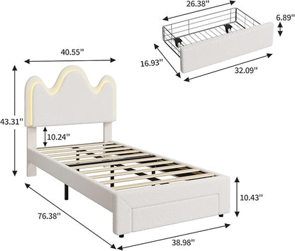 IDEALHOUSE Twin Bed Frame with LED Headboard and Under-Bed Drawer, Metal Upholstered Platform Bed with LED Light for Kids, Girls, Lamb Fleece Fabric, Wooden Slats Support, No Box Spring Needed, White