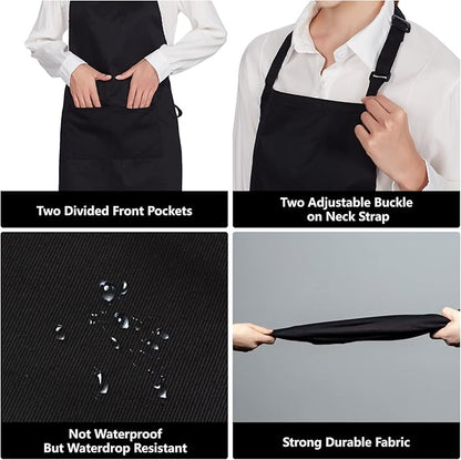 Jubatus 12 Pack 100% Cotton Aprons Bulk with 2 Pockets Cooking Chef Kitchen Adjustable Bib Apron for Women Men, Black